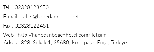 Hanedan Beach Hotel & Beach Club telefon numaralar, faks, e-mail, posta adresi ve iletiim bilgileri